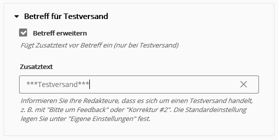 Testversand Voreinstellungen Testversand Voreinstellungen